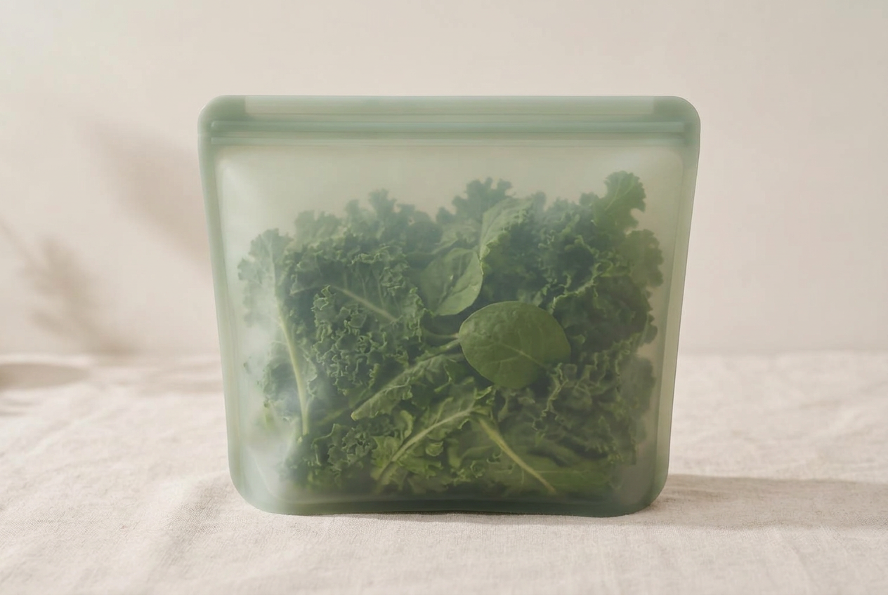 Zipply large silicone bag filled with leafy greens