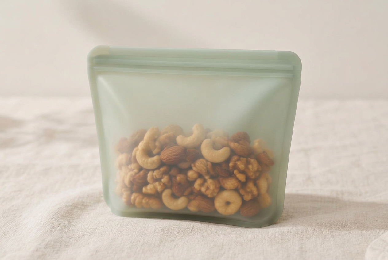 Zipply medium silicone bag filled with mixed nuts