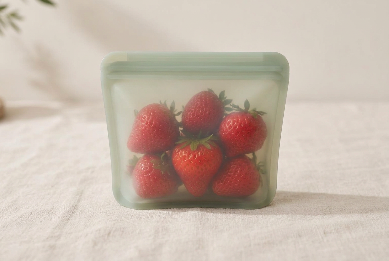 Zipply small silicone bag filled with strawberries